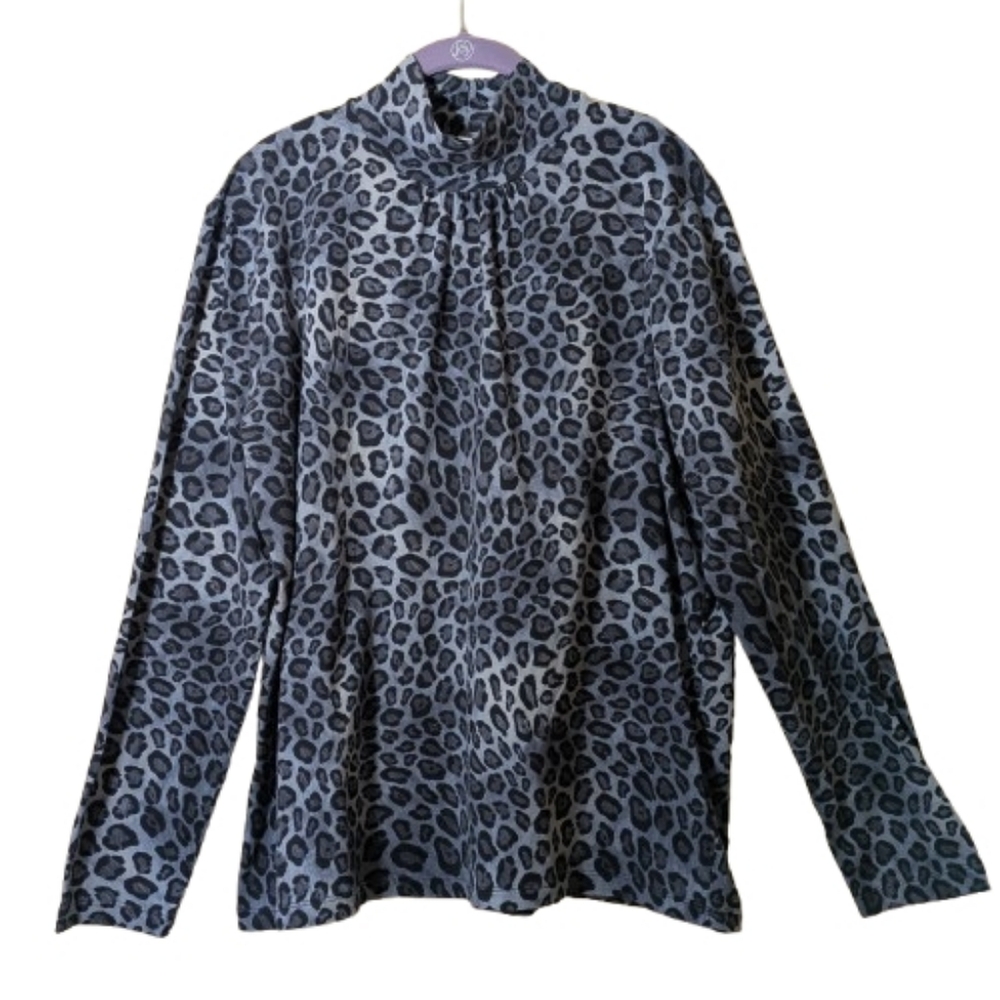 Jones Of New Your Mock Neck Top Leopard Print Gray Black Stretchy Size 2X